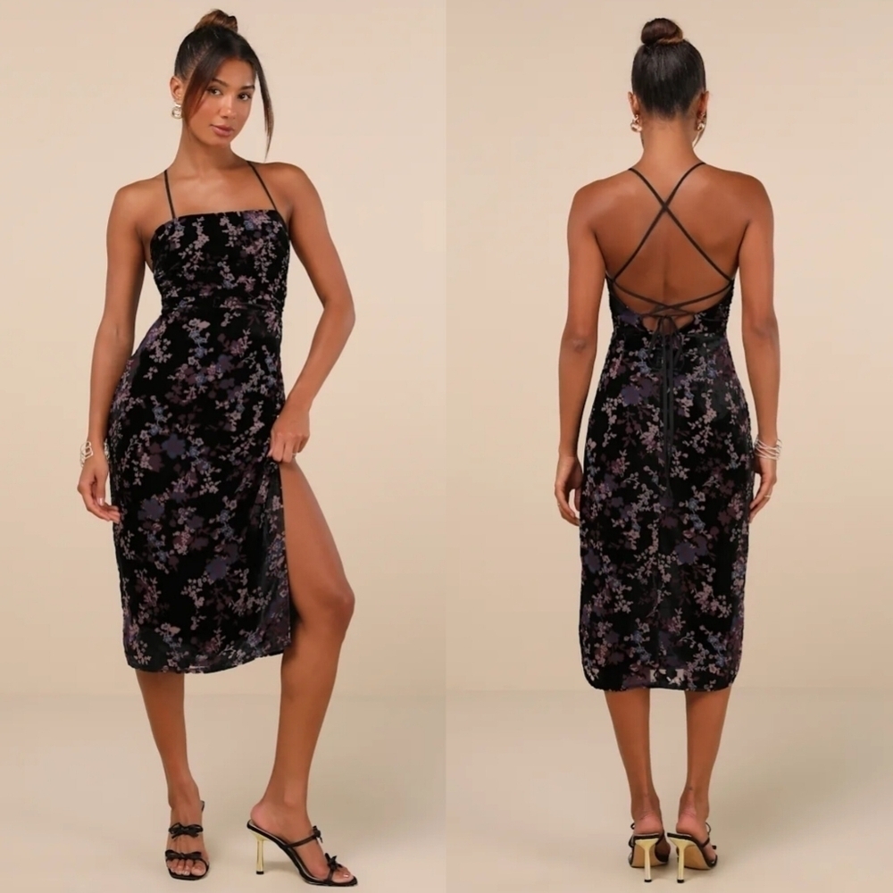 Lulus Elegant Persuasion Black Burnout Velvet Lace-Up Midi Dress Wedding Party